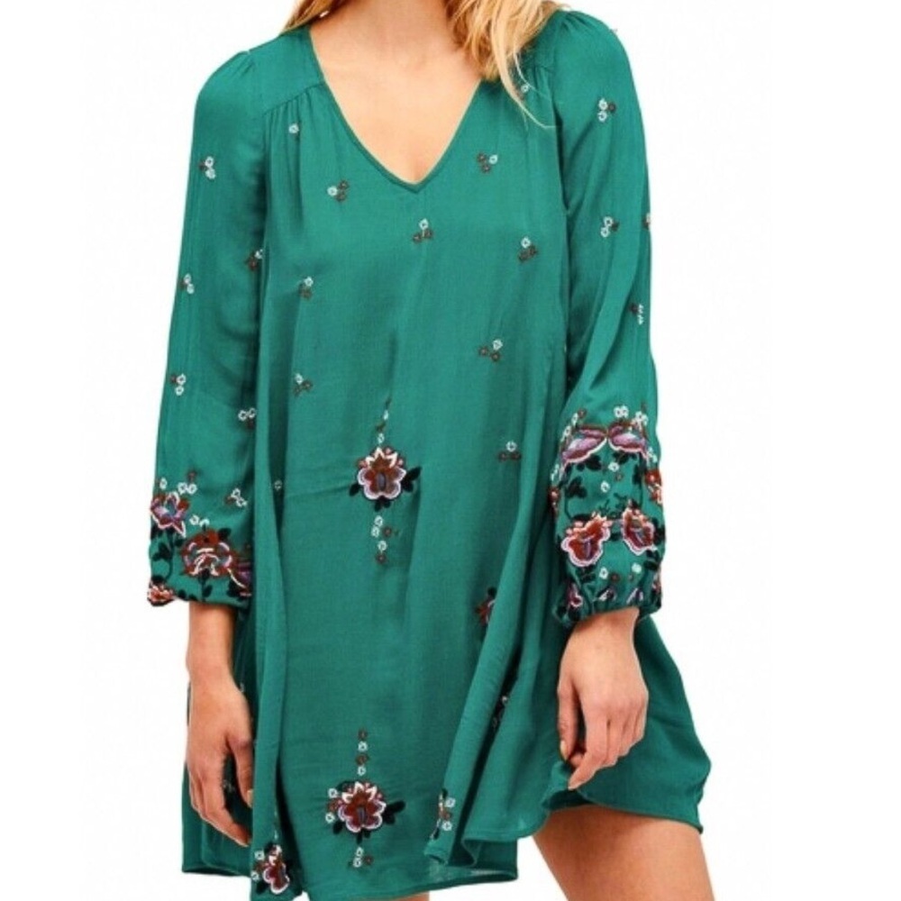Free People Teal Embroidered Long Sleeve Dress